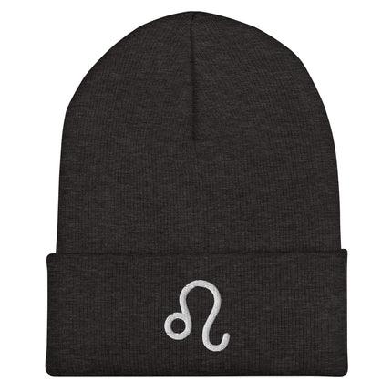 Leo zodiac symbol embroidered beanie with white astrology glyph.