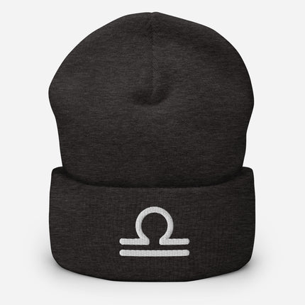Embroidered Libra zodiac symbol beanie with white scales glyph and cuffed cuff design.