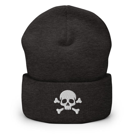 Embroidered skull and crossbones beanie with white pirate motif cuff.
