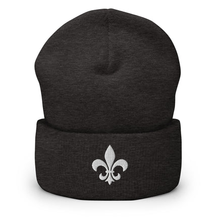 Fleur de Lis Embroidered Cuffed Beanie | White French Heraldic Symbol