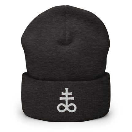 Leviathan Cross Cuffed Beanie | Embroidered White Occult Symbol