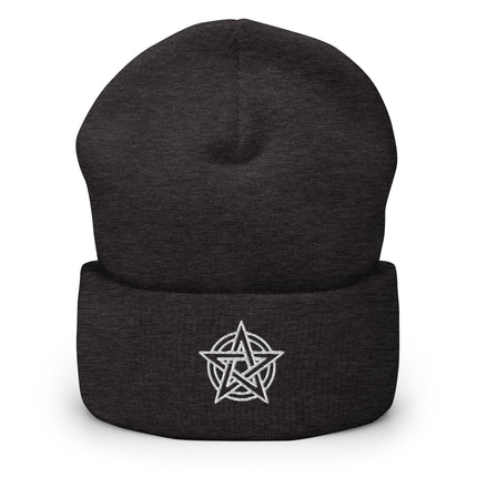 Cuffed beanie featuring white embroidered pentagram, star, and circle design.