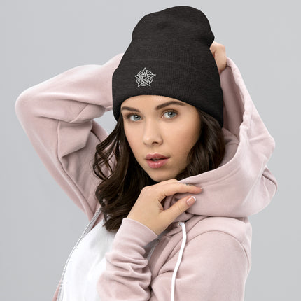 Black cuffed beanie with embroidered white pentagram, star, and circle motif.