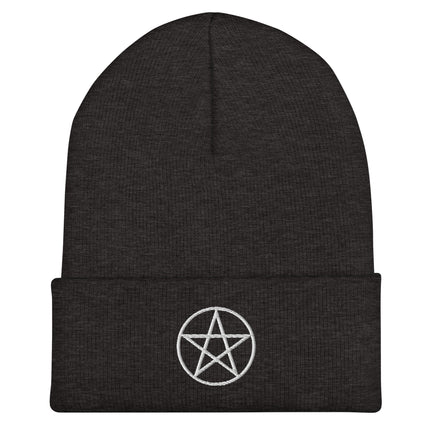 Pentagram Pentacle Cuffed Beanie | Embroidered White Star in a Circle