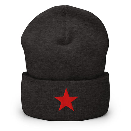 Red cuff beanie featuring an embroidered five-pointed star symbol.