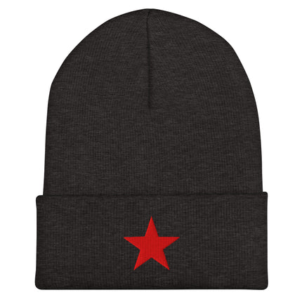 Red star embroidered cuff beanie with five-pointed political symbol.