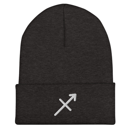 Embroidered Sagittarius zodiac arrow symbol cuffed beanie.