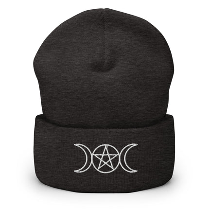 Dark cuffed beanie with white embroidery featuring triple moons, crescents, and a mystical pentacle design.