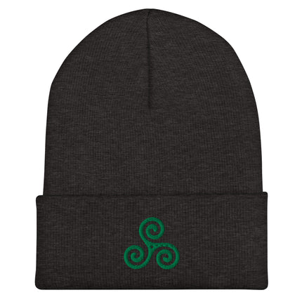 Embroidered green triskelion beanie with a triple spiral motif cuff.