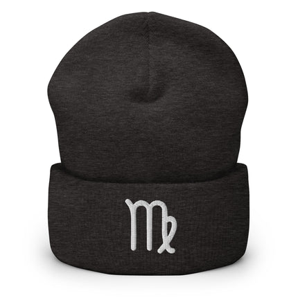 Embroidered Virgo zodiac symbol beanie featuring the white earth-sign glyph.