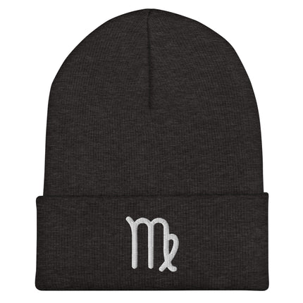 Embroidered Virgo zodiac symbol beanie. White cuffed knit hat for astrology lovers.
