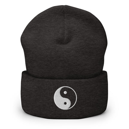 Cuffed beanie embroidered with Yin Yang, Taoist, and Zen symbols.