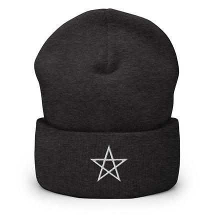 Pentagram Symbol Cuffed Beanie | Embroidered White Five-Pointed Star