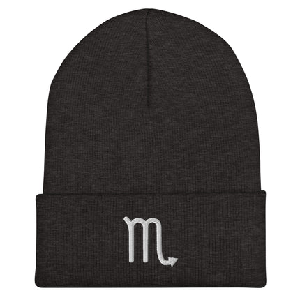 Black cuffed beanie featuring white embroidered Scorpio astrology glyph.