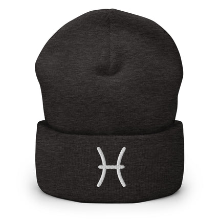 Pisces Symbol Cuffed Beanie | Embroidered White Zodiac Glyph