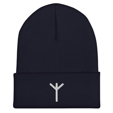 Algiz Rune Embroidered Cuffed Beanie with White Geometric Symbol