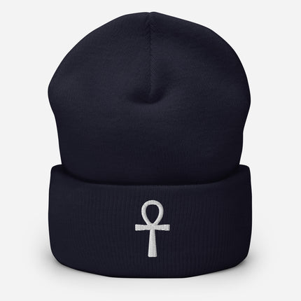 Ankh Embroidered Cuffed Beanie with White Ancient Egyptian Symbol