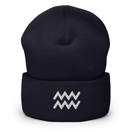 Aquarius Symbol Embroidered Cuffed Beanie with White Zodiac Waves