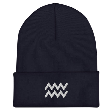 Aquarius Symbol Embroidered Cuffed Beanie with White Zodiac Waves