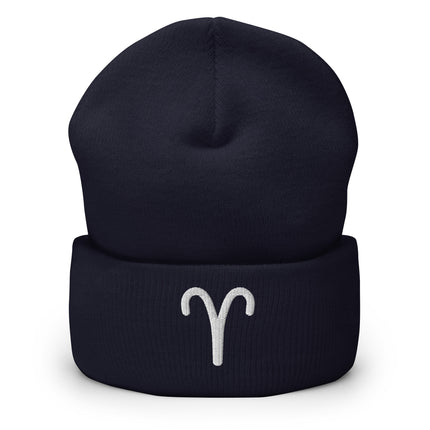 Aries Symbol Embroidered Cuffed Beanie with White Ram-Horn Zodiac Glyph