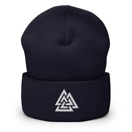 Valknut Cuffed Beanie with White Interlocking Norse Triangles