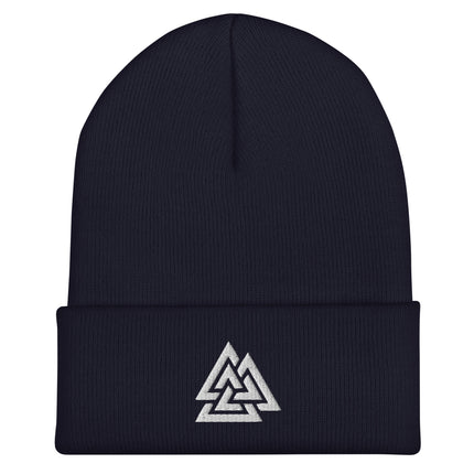 Valknut Cuffed Beanie with White Interlocking Norse Triangles