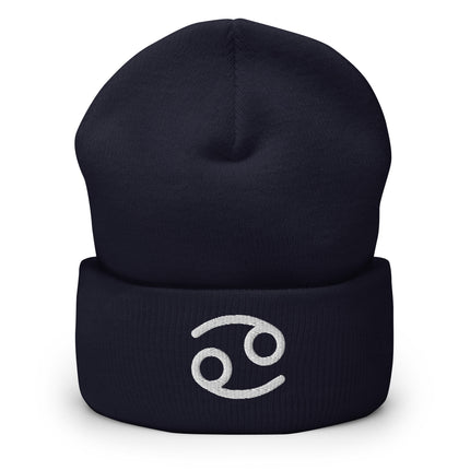 Cancer Symbol Embroidered Cuffed Beanie with White Curved Zodiac Design