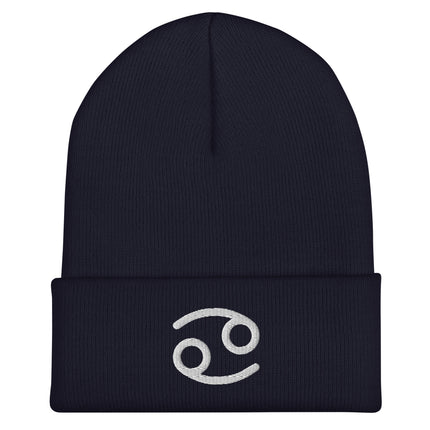 Cancer Symbol Embroidered Cuffed Beanie with White Curved Zodiac Design