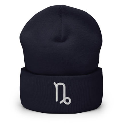 Capricorn Symbol Embroidered Cuffed Beanie with White Looped Zodiac Glyph