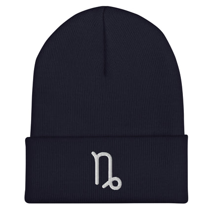 Capricorn Symbol Embroidered Cuffed Beanie with White Looped Zodiac Glyph