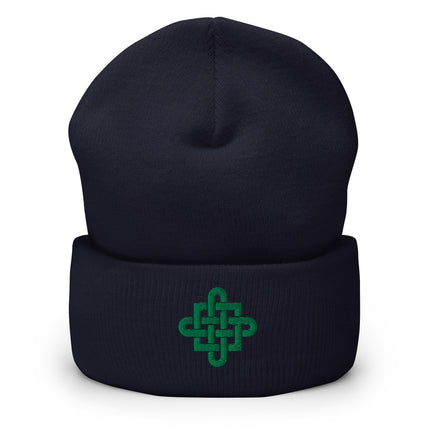 Celtic Knot Cross Embroidered Cuffed Beanie with Green Interlaced Design