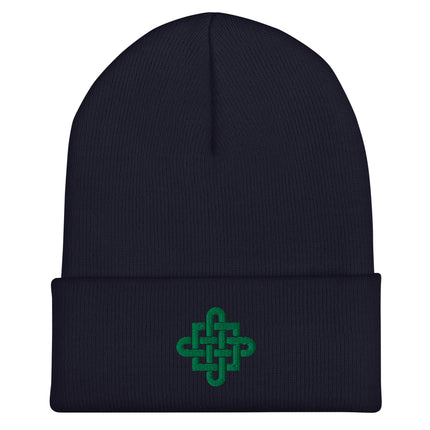 Celtic Knot Cross Embroidered Cuffed Beanie with Green Interlaced Design
