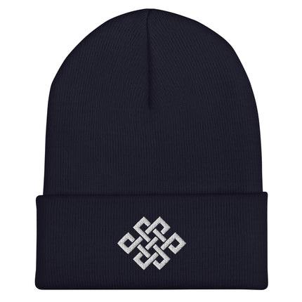 Embroidered cuffed beanie featuring white Endless Knot and interwoven geometric patterns.