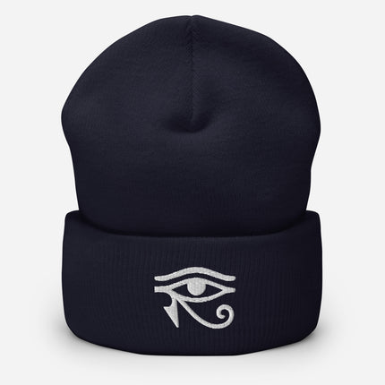 Eye of Horus Embroidered Cuffed Beanie with White Egyptian Eye Design
