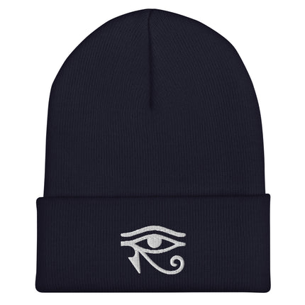 Eye of Horus Embroidered Cuffed Beanie with White Egyptian Eye Design