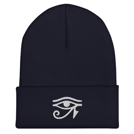 Eye of Ra embroidered beanie with white Egyptian symbol design.