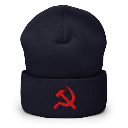 Cuffed red beanie embroidered with the hammer and sickle symbol.