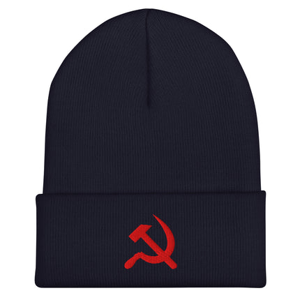 Embroidered red beanie featuring the hammer and sickle symbol on a cuffed design.