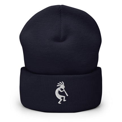 Kokopelli embroidered beanie with white flute player silhouette cuff.