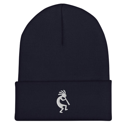 Embroidered Kokopelli beanie with white flute player silhouette design.