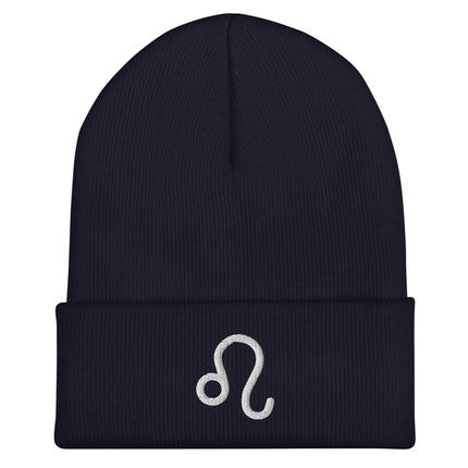 Embroidered Leo symbol beanie featuring a white curved astrology glyph cuff detail.