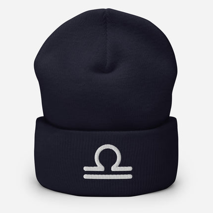 Dark embroidered beanie featuring the Libra zodiac symbol and detailed white scales glyph.