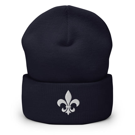 Fleur de Lis Embroidered Cuffed Beanie | White French Heraldic Symbol