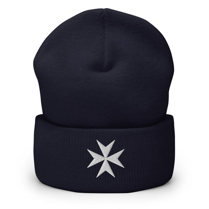 Maltese Cross Cuffed Beanie | Embroidered White Eight-Pointed Emblem