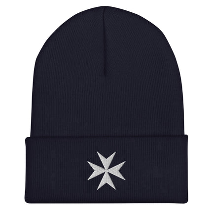 Maltese Cross Cuffed Beanie | Embroidered White Eight-Pointed Emblem