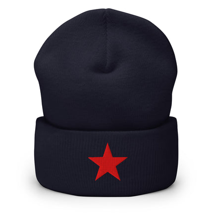 Red star embroidered cuff beanie featuring a five-pointed political symbol.