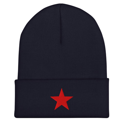 Red star embroidered cuff beanie with five-pointed political symbol design.