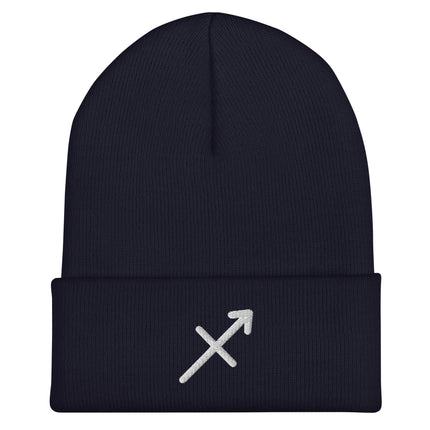 Embroidered Sagittarius zodiac symbol beanie with white arrow design.