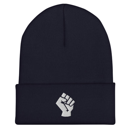 Embroidered white socialist fist symbol on a dark cuff beanie.
