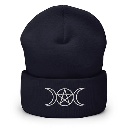 Embroidered triple moon beanie with white crescent and pentacle celestial design.